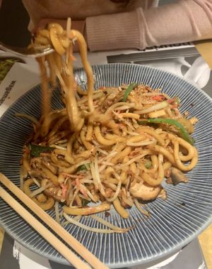 Vegan yaki soba with udon noodles  at LGW - Wagamama - ST in Horley