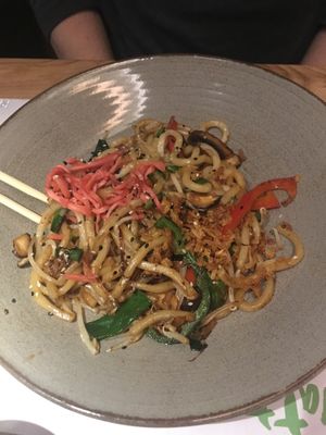yasai yaki soba (vegan) half-eaten, sorry about that.. at LGW - Wagamama - ST in Horley