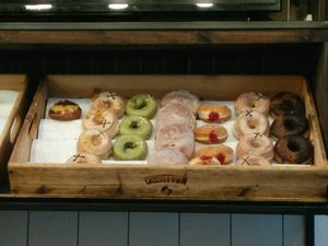 Doughnuts shelf  at Crosstown Doughnuts - Soho in London