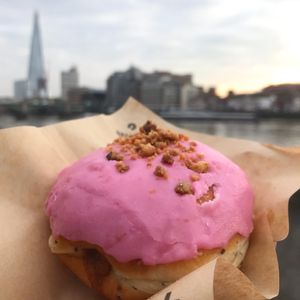 Delcious vegan doughnut along the Thames from crosstown doughnuts soho!!! at Crosstown Doughnuts - Soho in London
