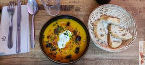 butternut velouté, very hearty and appetizing with roasted hazelnuts, snipped chives and vegetable parmesan cream! at Les Bols d'Antoine in Paris
