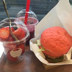 Soy meat burger and raspberry smoothie at Fabius Cafe in Tokyo