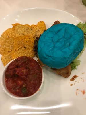 Soy nugget burger in a blue bun! at Fabius Cafe in Tokyo