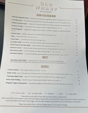 Menu, mostly vegetarian with vegan option. at Old Wharf at MACq 01 Hotel in Hobart