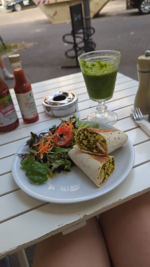 Burrito and Spinach Smoothie at Cafe Largo in Berlin