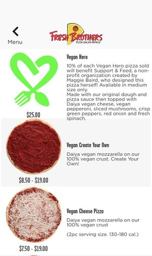 Vegan pizza menu part 1  at Fresh Brothers - Harvard Place in Irvine