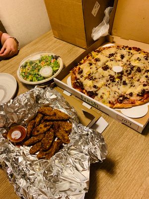 Vegan buffalo wings, vegan pizza w/ impossible burger crumbles, salad  at Fresh Brothers in Redondo Beach