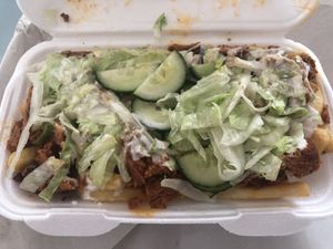 Kebab and chips with salad and mayo at Panjab Pizza in Wolverhampton