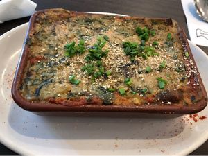 Vegan spinach and cashew lasagne  at Elemi Cafe Bar Bistro Vegetariano in Estepona