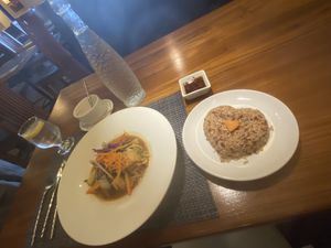 Ginger Stir Fry w/brown rice, the most LOVEly prez, flavorfully delightful!  at Blue Orchid in Jacksonville