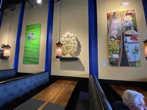 Loved this mosaic mirrored tree (of life) adorning one table’s wall space.  at Blue Orchid in Jacksonville