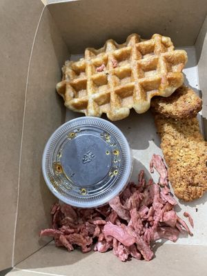 vegan chicken and waffles with vegan bacon #Veganuary at d20 Board Game Cafe - Watford in Watford