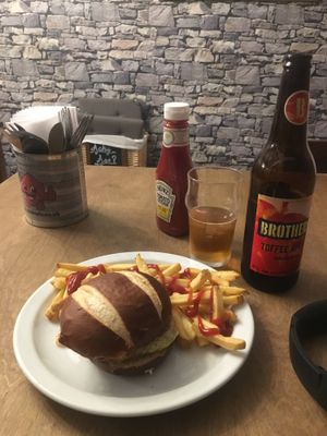 Vegan 'beef' Burger with cider at d20 Board Game Cafe - Watford in Watford
