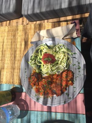 Buckwheat „meatballs“ with zucchini spaghetti ❤️?❤️ at Grow Café in Tarifa