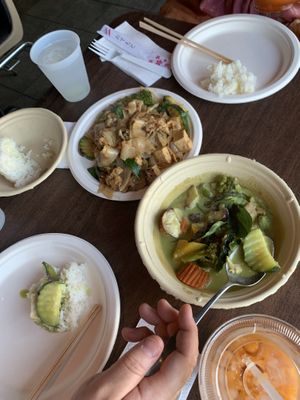 Pad kee mow (that soy meat is WOW) and green curry   at Thai Vegan in Beverly Hills