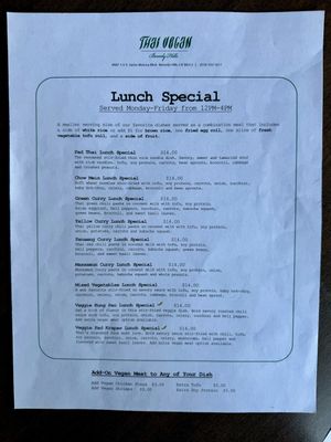 Lunch Menu  at Thai Vegan in Beverly Hills