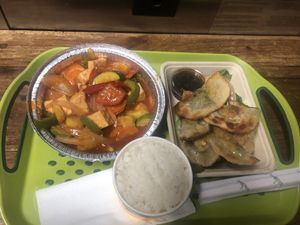 Sweet and sour tofu and veg dumplings with white rice at Thai Vegan in Beverly Hills