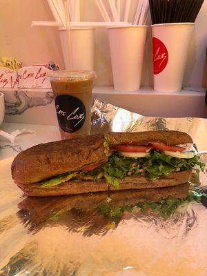 The Power Vegan sandwich. Awesome size for only $8! Plus a hazelnut iced coffee with almond milk at Cafe Club in Hollywood