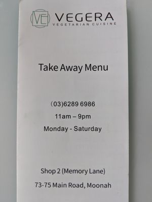 Takeaway menu at Vegera in Moonah