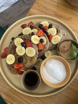 Amazing pancakes with added peanut butter   at Dharma Coffee & Juice in Ubud