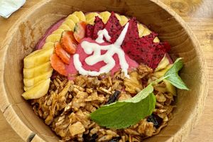 Vegan dragon fruit smoothie bowl  at Dharma Coffee & Juice in Ubud