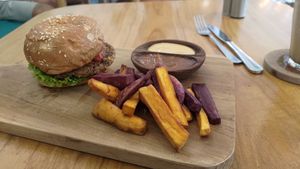Beefless burger, absolutely delicious at Dharma Coffee & Juice in Ubud