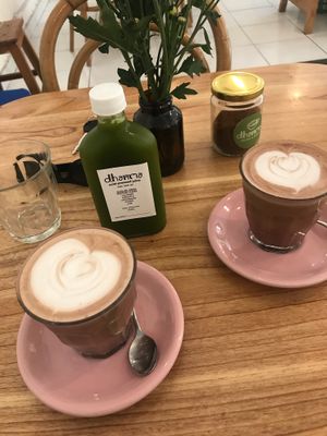 Cacao latte + green juice  at Dharma Coffee & Juice in Ubud