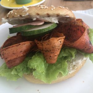 “Salmon” bagel sandwich  at Dharma Coffee & Juice in Ubud