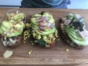 Avo trio- shrooms, tofu, wasabi  at Dharma Coffee & Juice in Ubud