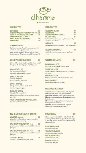 Dharma Coffee Menu 1 at Dharma Coffee & Juice in Ubud