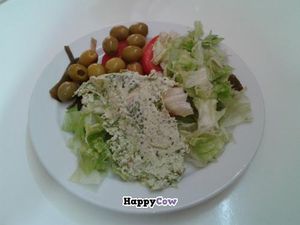 Vegetable salad with vegan creamy stuff at Loving Hut in Malaga