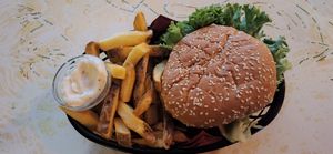 Vegan burger with frites + homemade mayo at Skek in Amsterdam