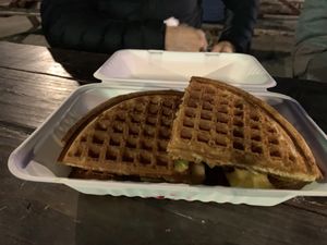 Vegan sausage and baked Apple sandwich.   at Smaaken Waffle Sandwiches - Food Truck in Beaverton