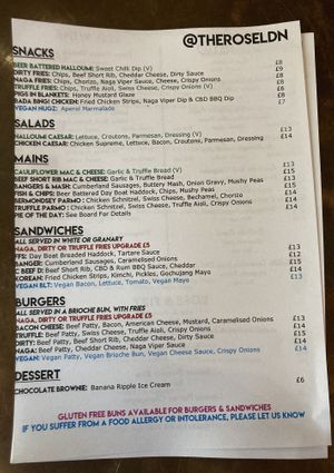 Menu as of 30 august 2021, they keep updating it so don’t quote me on it  at The Rose in South East London