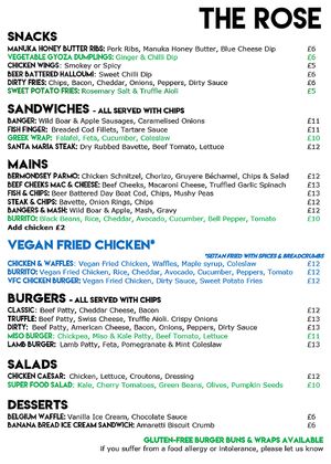 Menu for the rose, March 2018 at The Rose in South East London