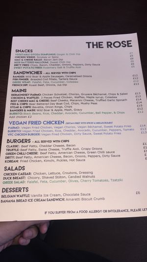 Updated menu as of 22 May at The Rose in South East London
