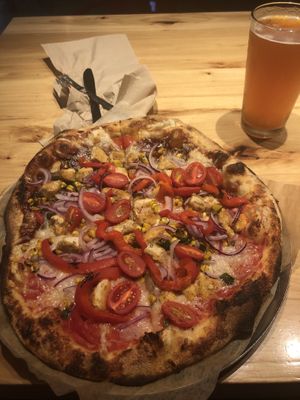 Vegan pizza with vegan chicken  at Pizza Rox in Boynton Beach