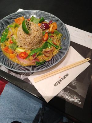 Coconut curry (I asked change tofu to veggies), it was so good. 2023 September. at LHR - Wagamama - T5 in West London