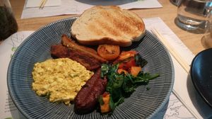 Breakfast with extra bacon instead of mushrooms at LHR - Wagamama - T5 in West London