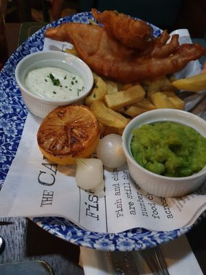 Vegan "fish" and chips (banana blossom fish) at Hillhead Bookclub in Glasgow