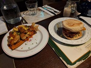 Fried enoki mushroom waffles, vegan breakfast muffin at Hillhead Bookclub in Glasgow