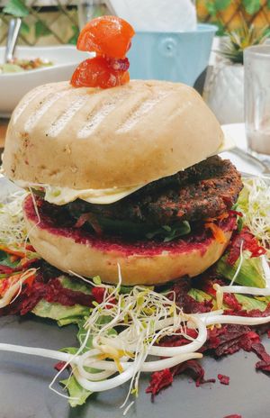 Beetroot burger at Back2Nature Vegan Cafe in Brighton