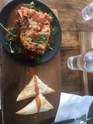 Lasagne and veggie puffs  at Back2Nature Vegan Cafe in Brighton