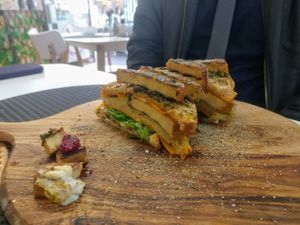 Sizzling Skillet Tofu Sandwich = Best Sandwich we have had! (Tops even Smith and Deli & The Shack). at Back2Nature Vegan Cafe in Brighton