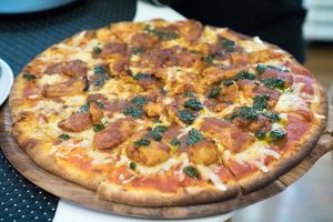 Vegan Butter shicken pizza at Back2Nature Vegan Cafe in Brighton