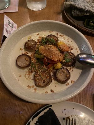 Vegan scollop made from mushrooms, terrible, rubbery  at Alibi in Sydney