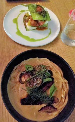 Zucchini lasagna with dried tomato sauce, heirloom tomatoes and macadamia ricotta
Spicy udon with chickpea tempeh and shiitake mushrooms at Alibi in Sydney