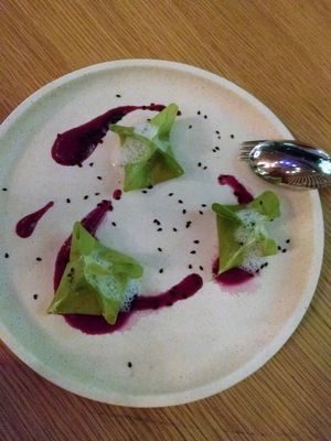 Kimchi dumplings with ginger foam at Alibi in Sydney