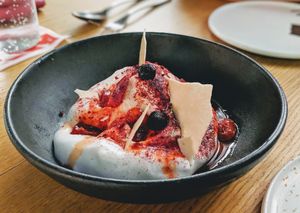 PAVLOVA
AQUAFABA MERINGUE. MACADAMIA SORBET. SESONAL BERRIES.PASSIONFRUIT. at Alibi in Sydney