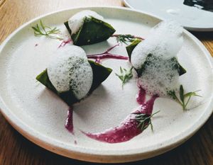 KIMCHI DUMPLINGS
RED CABBAGE PUREE. GINGER FOAM. at Alibi in Sydney